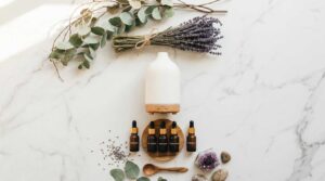 Aroma diffuser with essential oils flat lay