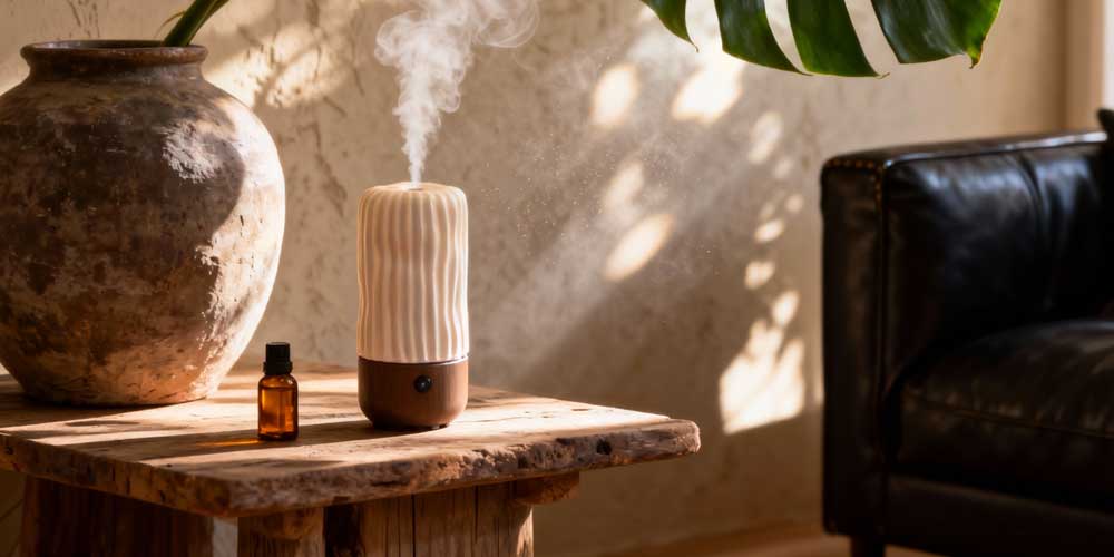 Ultrasonic aroma diffuser in cozy living room