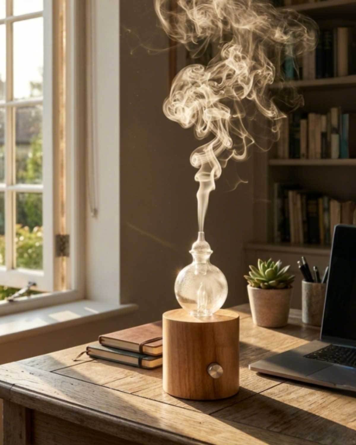 Desktop nebulizing diffuser in a home fragrance setting